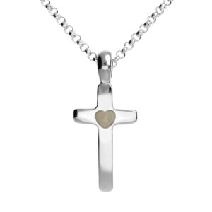 Sterling silver cross pendant with heart shaped resin-sealed ashes chamber