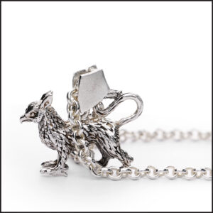 Stirling Silver Griffin Pendant stood on all fours. Attached to a solid silver belcher chain. Mythological guardian jewellery by Mark Lloyd from the Lloyd Henshall Collection