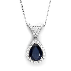 18ct white gold pendant featuring a pear-shaped blue sapphire surrounded by a diamond halo and diamond-set bail.