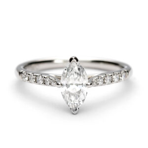 Platinum marquise engagement ring with a 0.70ct marquise diamond and tapered diamond-set shoulders.