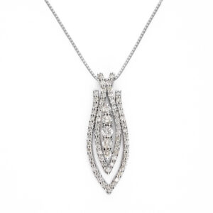18ct white gold diamond drop pendant with layered pavé-set diamonds on a box link chain.