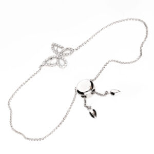 14ct white gold diamond butterfly bracelet with openwork design on a fine spiga chain.