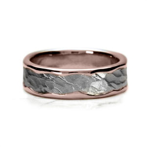 Vulcan Organic wedding ring with rose gold outer band and hammered platinum centre