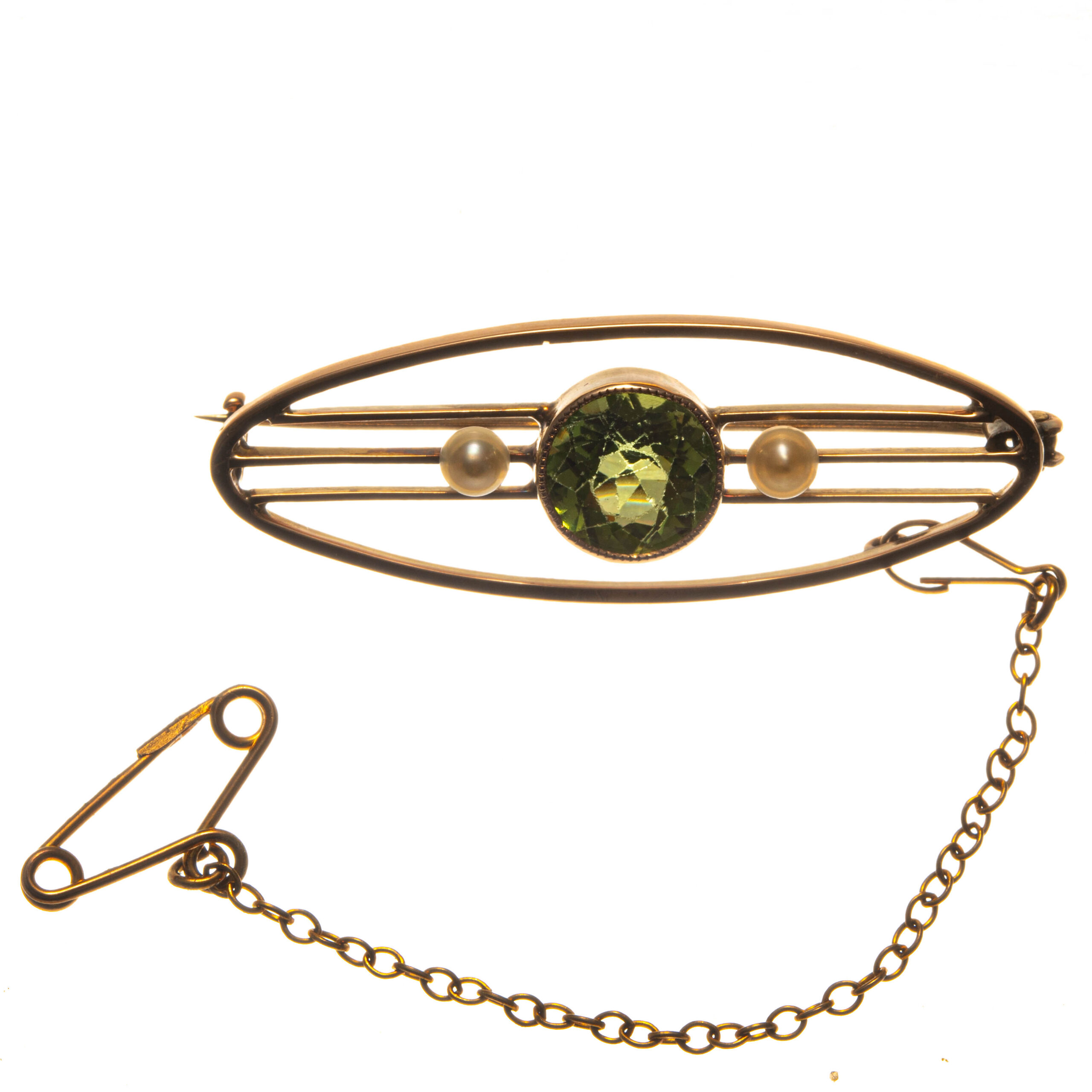 9ct Rose Gold Imitation Peridot & Pearl Brooch - Image 3