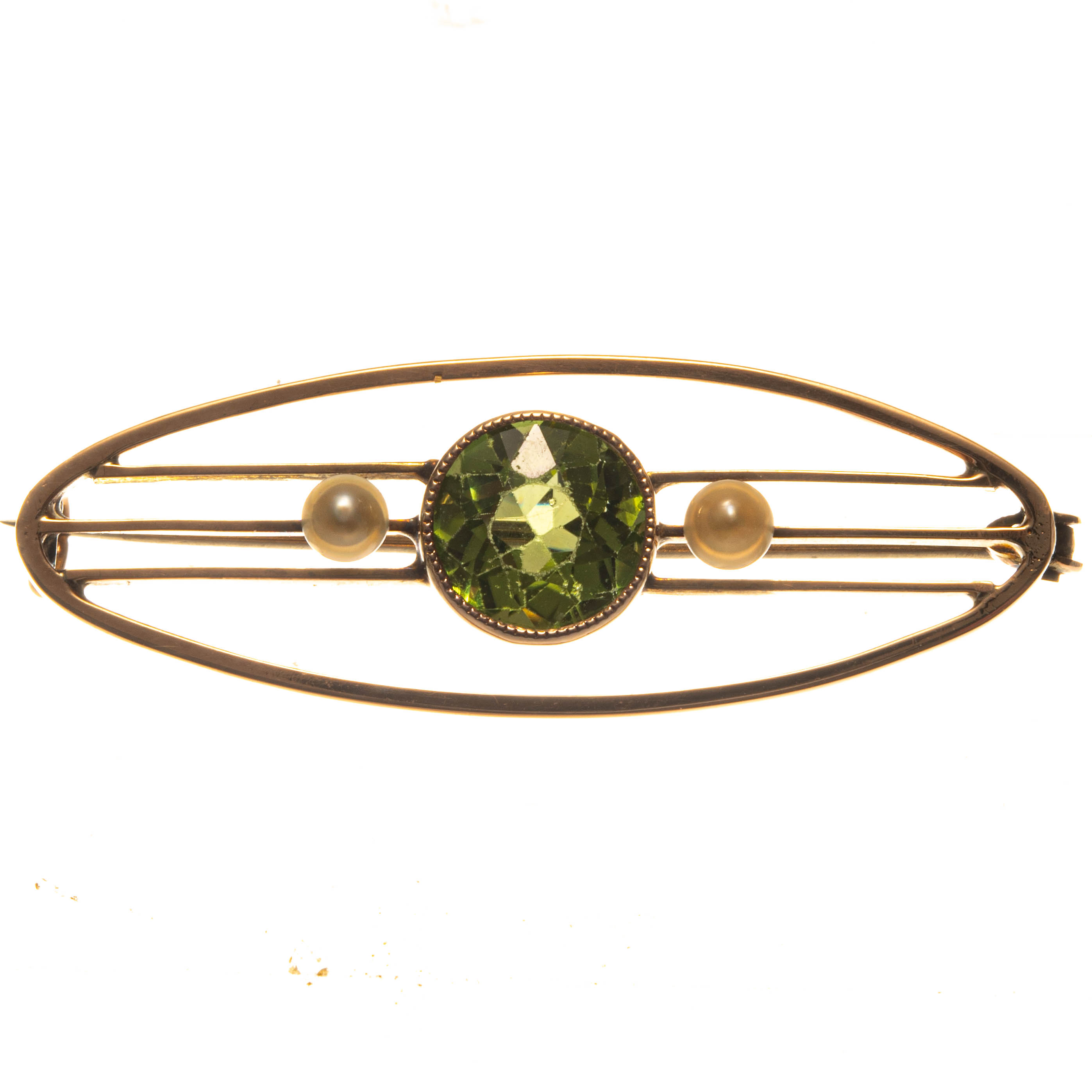 9ct Rose Gold Imitation Peridot & Pearl Brooch - Image 2
