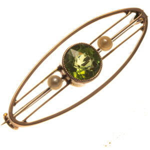 9ct Rose Gold Imitation Peridot & Pearl Brooch