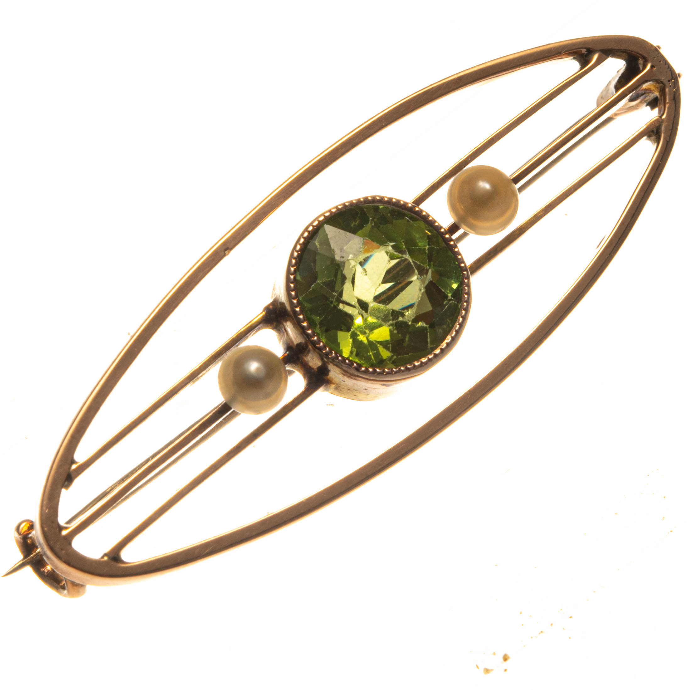 9ct Rose Gold Imitation Peridot & Pearl Brooch