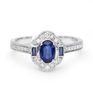 18ct White Gold Sapphire and Diamond Halo Ring